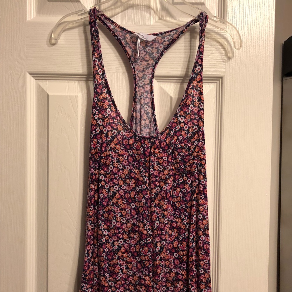 Purple and orange floral print racerback tank top